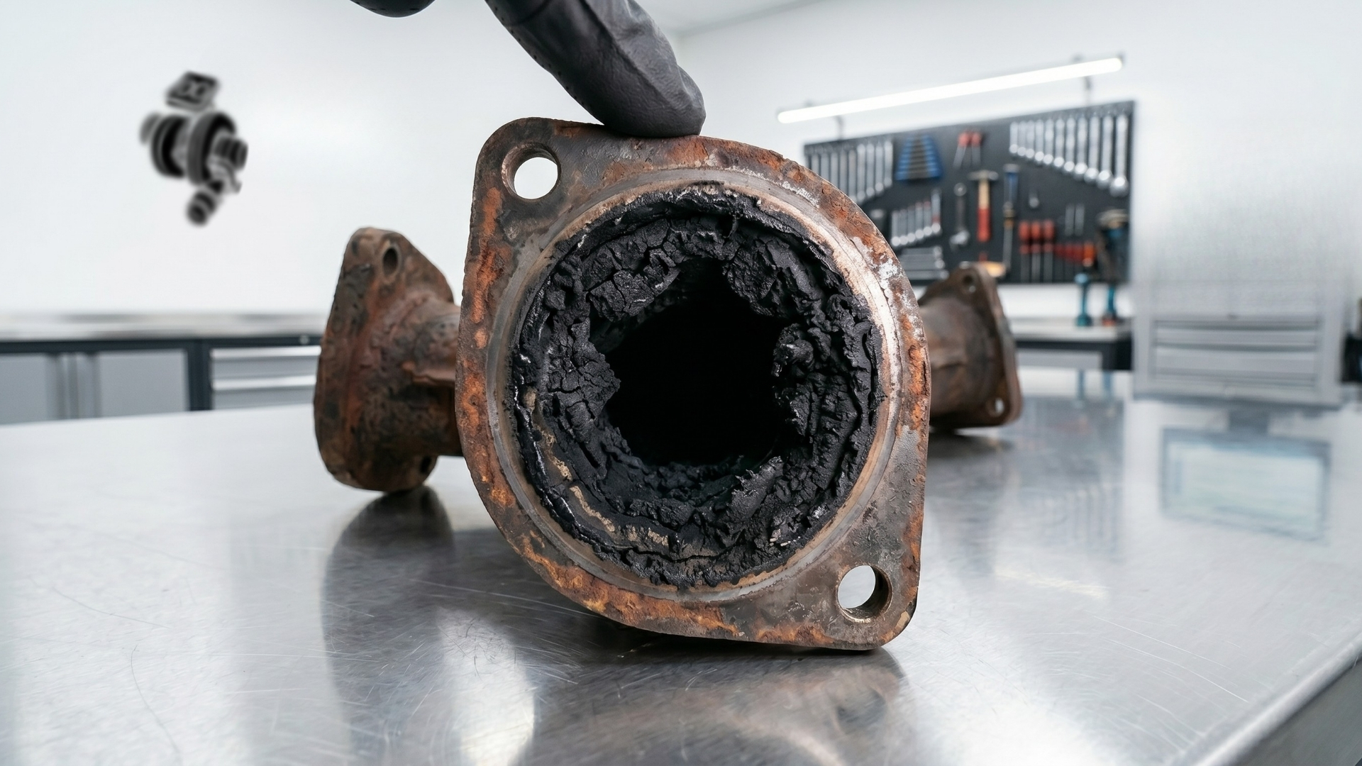Thick carbon soot clogging and blocking intake ports of a diesel engine